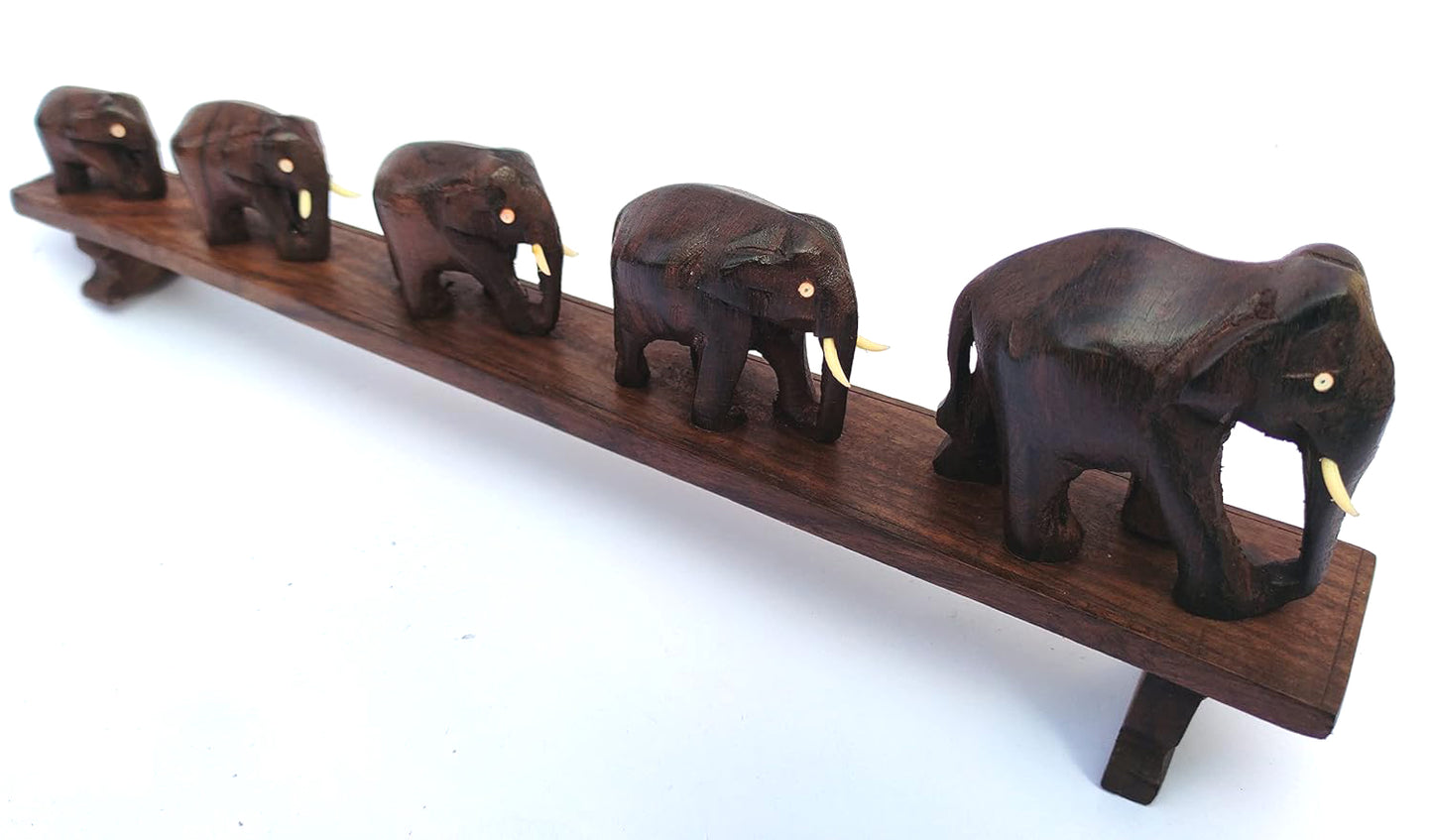 Five Elephants Crossing a Bridge | Kerala Art Decor-Handcrafted Rosewood Elephant Figurine –