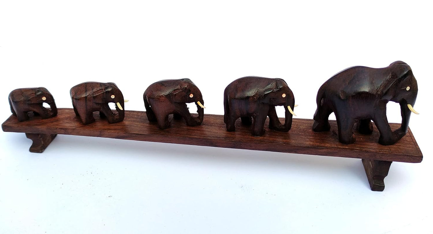 Five Elephants Crossing a Bridge | Kerala Art Decor-Handcrafted Rosewood Elephant Figurine –