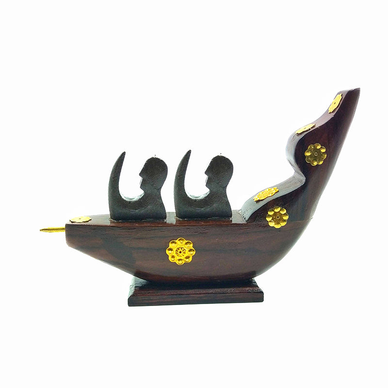 Chundan Vallam Miniature with 2 Rowers – Handcrafted Rosewood Snake Boat with Brass Detailing