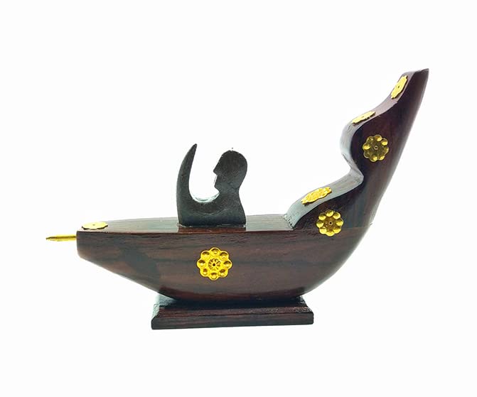 Chundan Vallom Miniature with 1 Rower – Traditional Kerala Snake Boat in Rosewood (7.6 Inches)