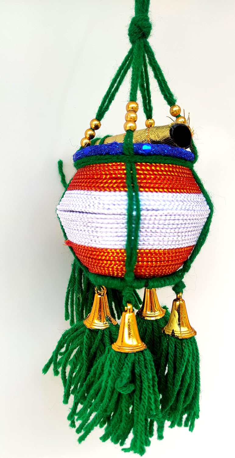 Miniature Uri Pot Car Hanging – Green & White Maakhan Matki with Flute