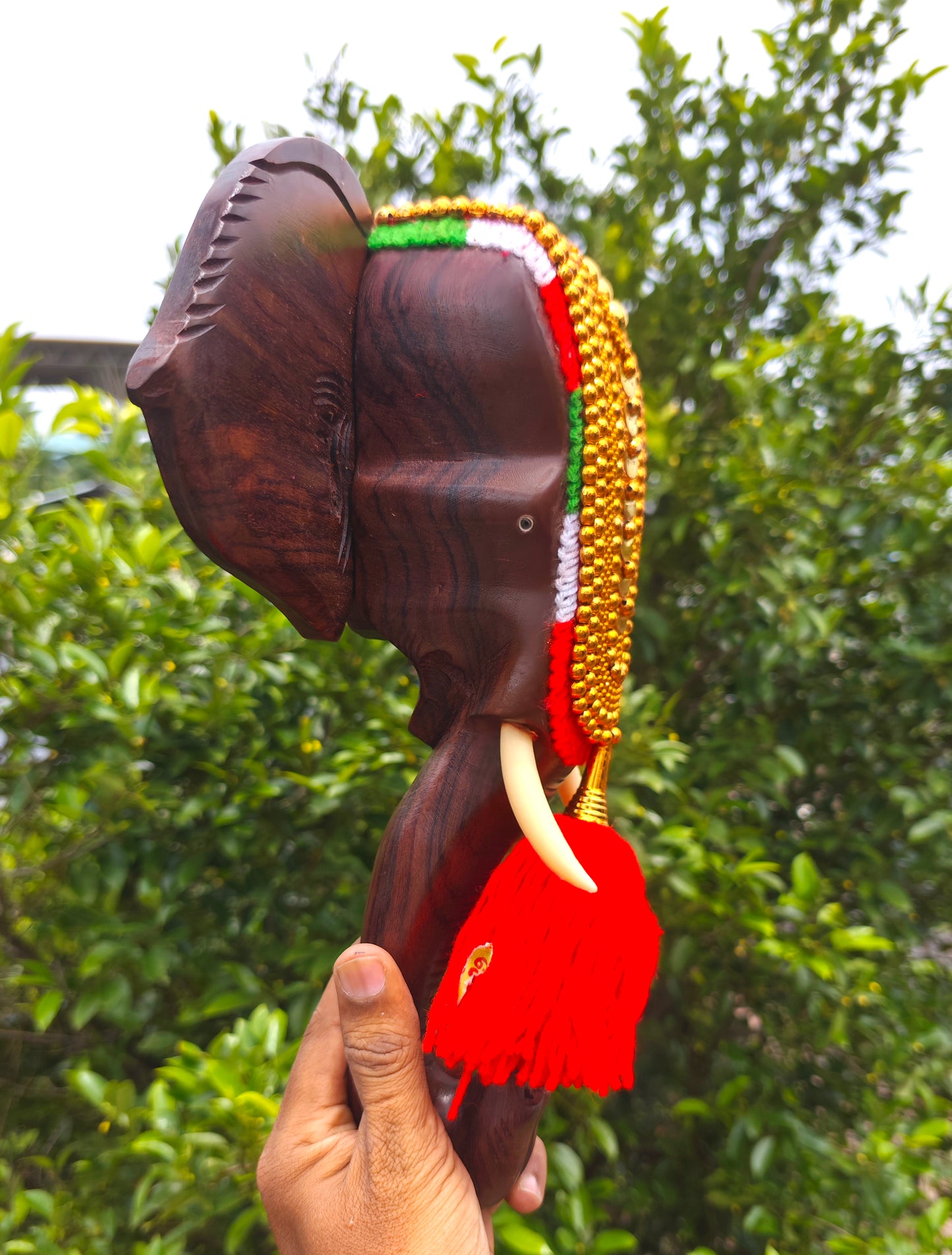 12-Inch Handcrafted Rosewood Elephant Head Wall Hanging with Nettipattom for home decor and gifting