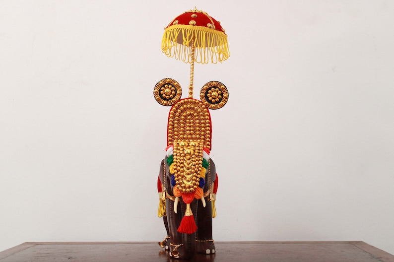 Handcrafted Wooden Festival Elephant with Nettipattam, Umbrella & Thidampu | Traditional Kerala Home Décor | 20" Height Including Umbrella
