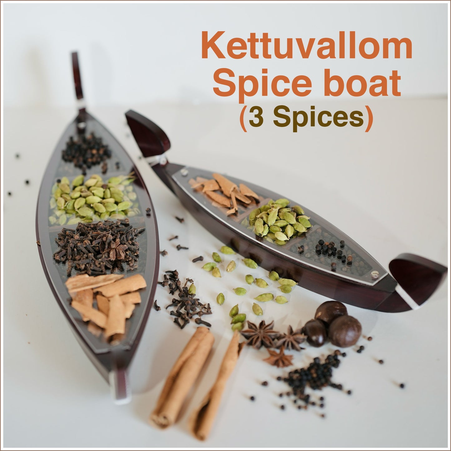 Miniature Kerala Spice Boat with 3 Authentic Spices – Handcrafted Kettuvallom for Décor and Gifting