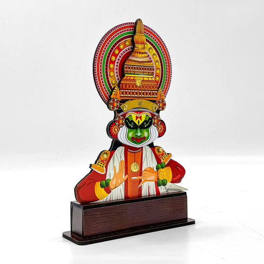 Handcrafted Half Kathakali Head Figurine with Gesture – Kerala Art on MDF Stand- 10 inches