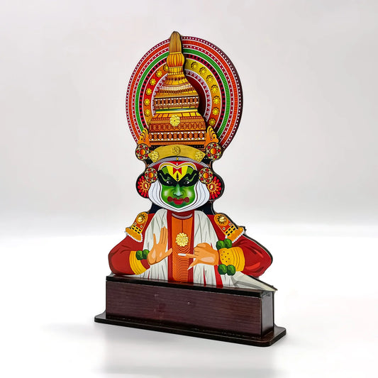 Half Kathakali Figurine with Hand Expression – 3D Vinyl Print on Wooden Stand- 8 inches height