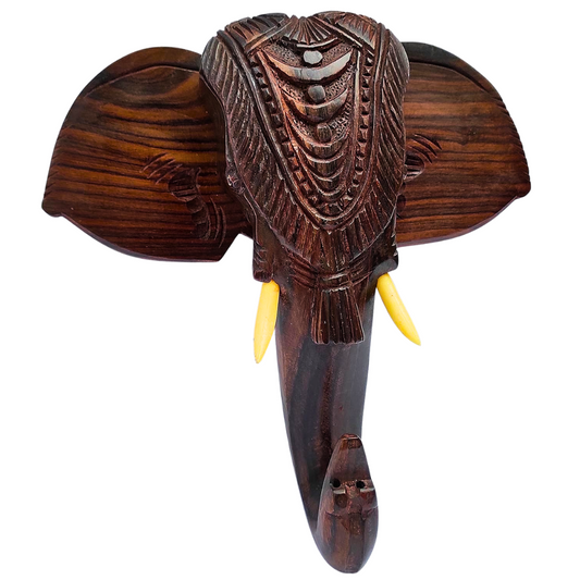 Wooden Hand-Carved Kerala Elephant Head with Nettipattom – 10 Inches