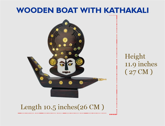 12.2-Inch Wooden Kathakali Snake Boat Miniature – Traditional Kerala Chundan Vallam Curio Decor