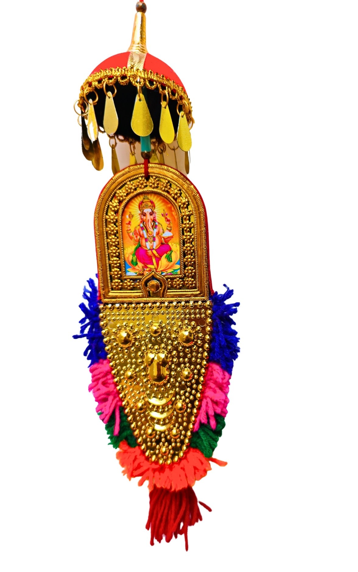 Double-Sided Car Hanging Nettipattam – Sree Ganesha & Sree Guruvayoorappan with Umbrella Decoration (7")