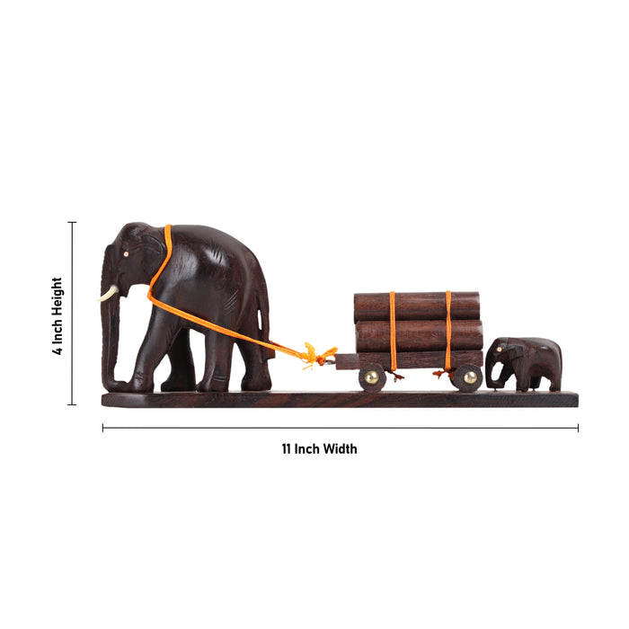 Elephant Figurine: A Mother and Calf Pulling a Loaded Wooden Cart Size: 11 Inches