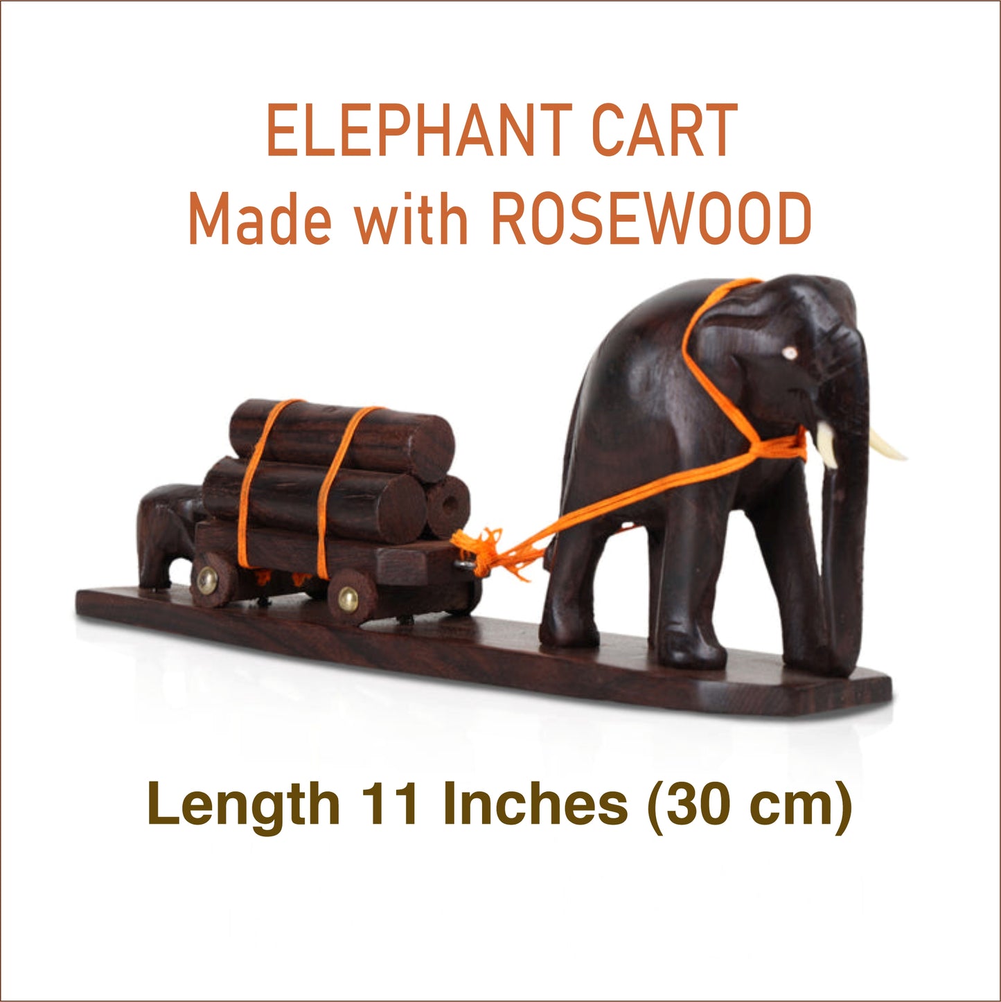 Handcrafted Rosewood Elephant Figurine – Mother & Calf Pulling Loaded Cart (11 Inches)