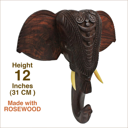 Wooden Hand-Carved Kerala Elephant Head for Wall Decor and Gifting (12 Inches)