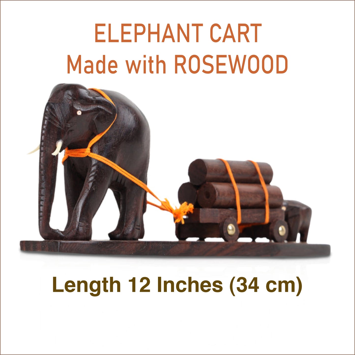 Elephant pulling a loaded wooden cart with a calf assisting from behind. Size: 12 inches.