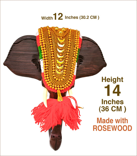 14-Inch Handcrafted Rosewood Elephant Head Wall Hanging with Nettipattom