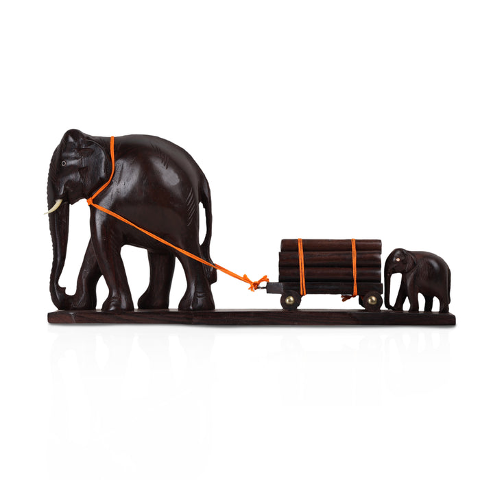 Elephant Cart Figurine: A Mother and Calf Pulling a Loaded Wooden Cart Size: 14 Inches