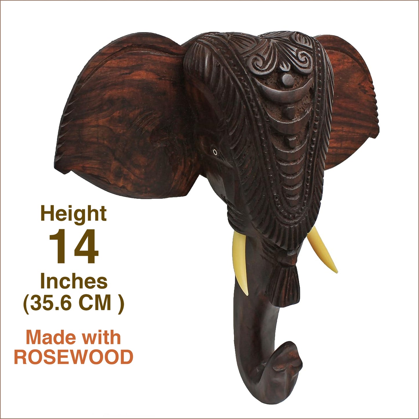 Wooden Hand-Carved Kerala Elephant Head for Wall Decor and Gifting (14 Inches)