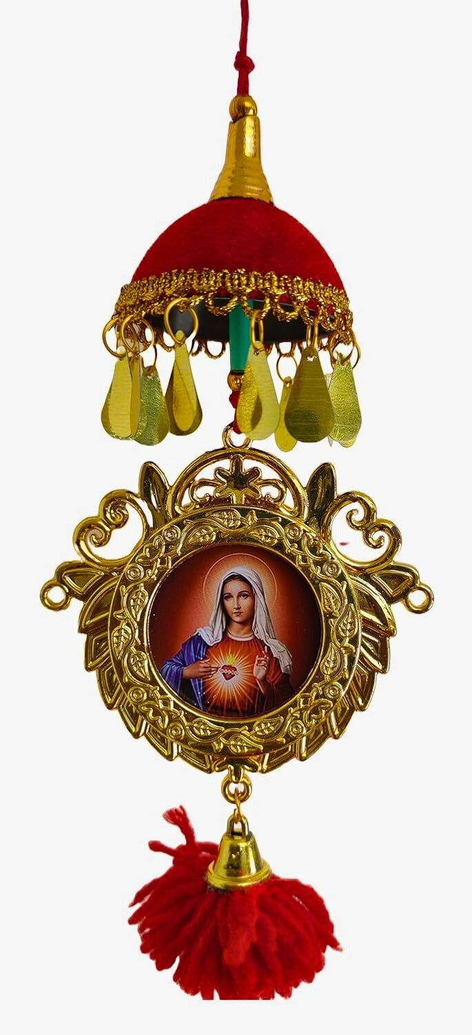 Double-Sided Car Hanging Frame – Jesus & Mary with Mini Umbrella Decoration (7")