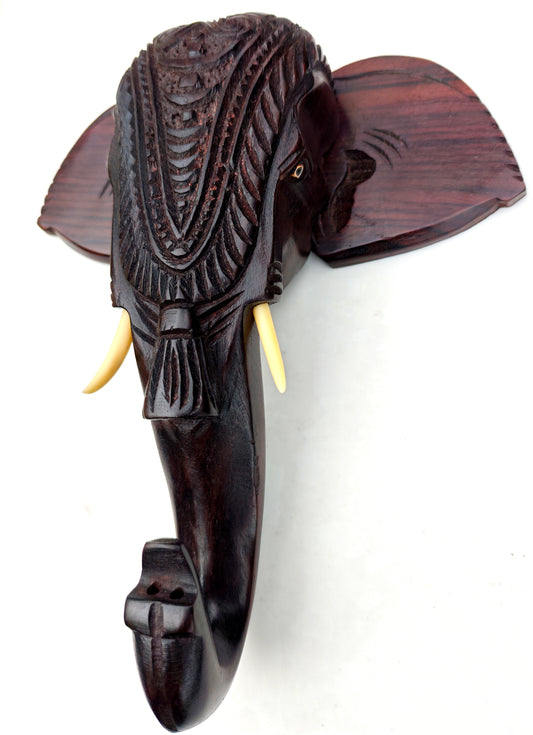 10-Inch Hand-Carved Kerala Elephant Head Wall Décor with Nettipattom | Premium Rosewood | Home decor