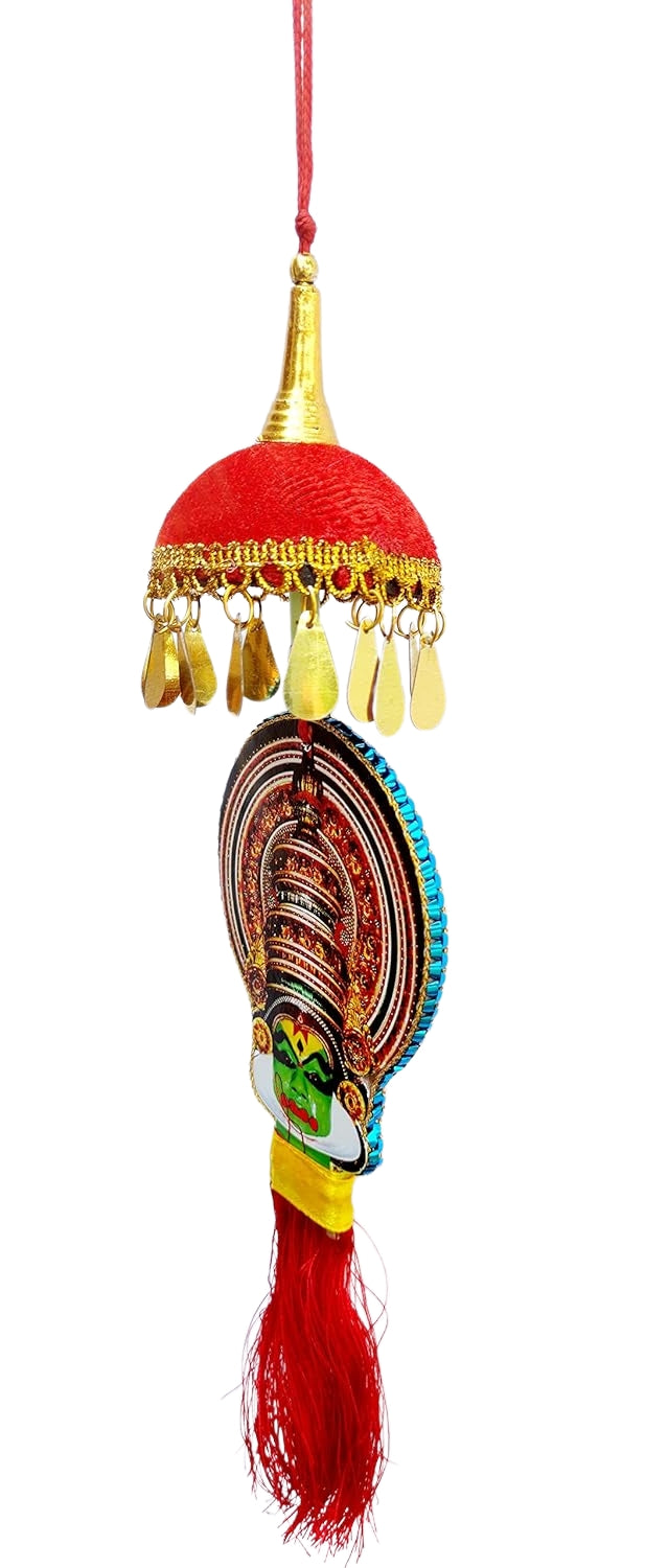 Car Hanging Ornament – Kathakali Faces on Both Sides with Miniature Umbrella and Artwork