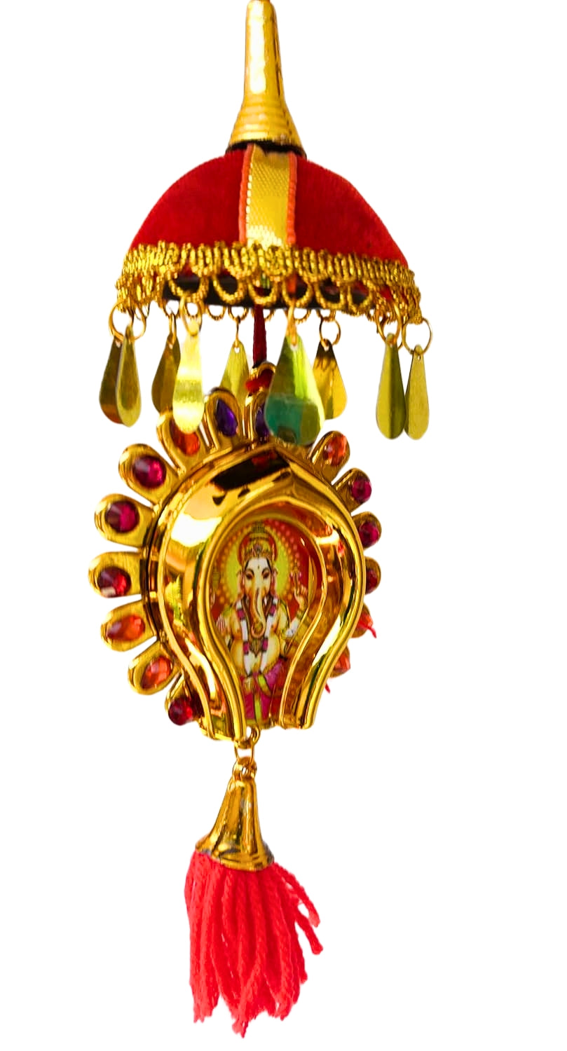 Round-Shaped Car Hanging Décor: Double-Sided Lord Ganesh and Vishnu Design (7 Inches)