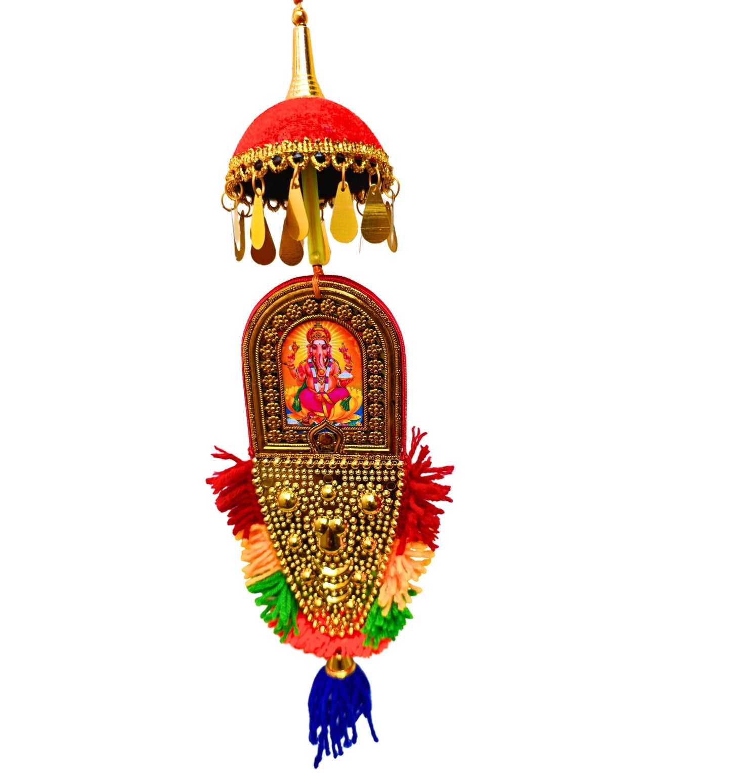 Double-Sided Car Hanging Nettipattam – Sree Ganesha & Chottanikkara Devi with Umbrella Decoration (7 Inches)