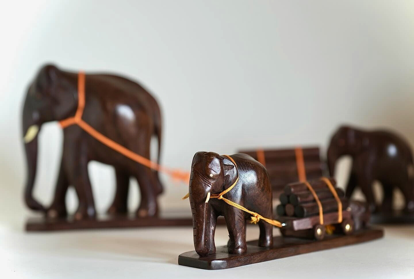 Elephant cart Figurine: A Mother and Calf Pulling a Wooden Cart -Size: 8 Inches