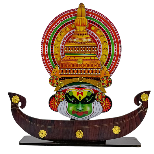 Traditional Kerala Kathakali Boat Souvenir – Handcrafted Wooden Decor with Cultural Elegance (10 x 2.5 x 10 Inch)