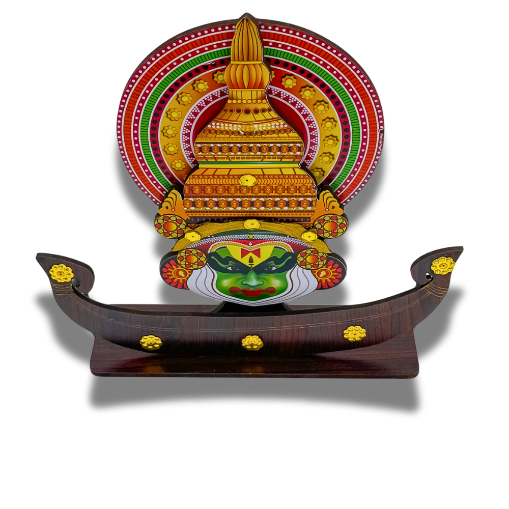 Traditional Kerala Kathakali Boat Souvenir – Handcrafted Wooden Decor with Cultural Elegance (10 x 2.5 x 10 Inch)