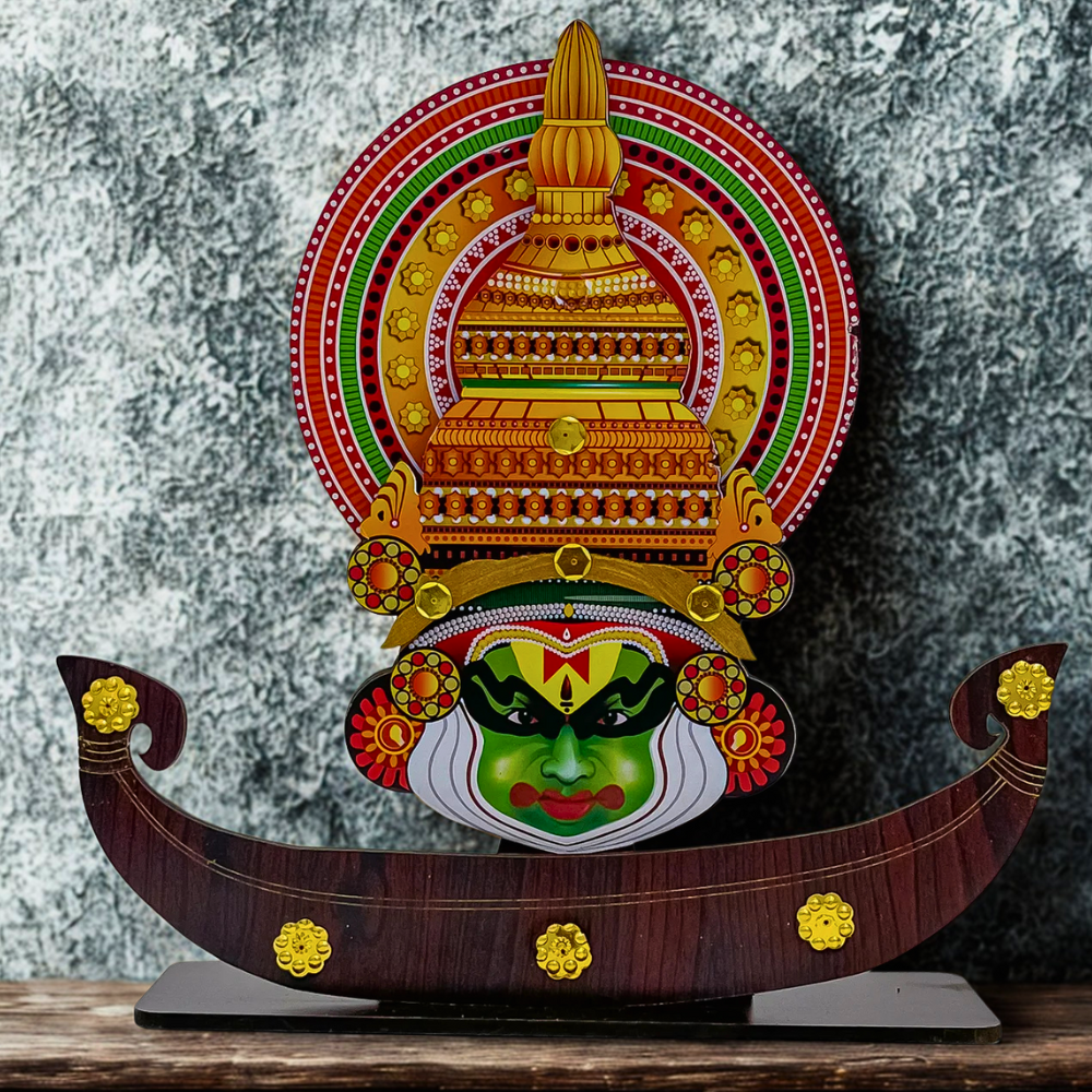 Traditional Kerala Kathakali Boat Souvenir – Handcrafted Wooden Decor with Cultural Elegance (10 x 2.5 x 10 Inch)