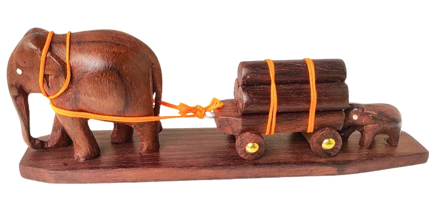 Elephant cart Figurine: A Mother and Calf Pulling a Wooden Cart -Size: 8 Inches