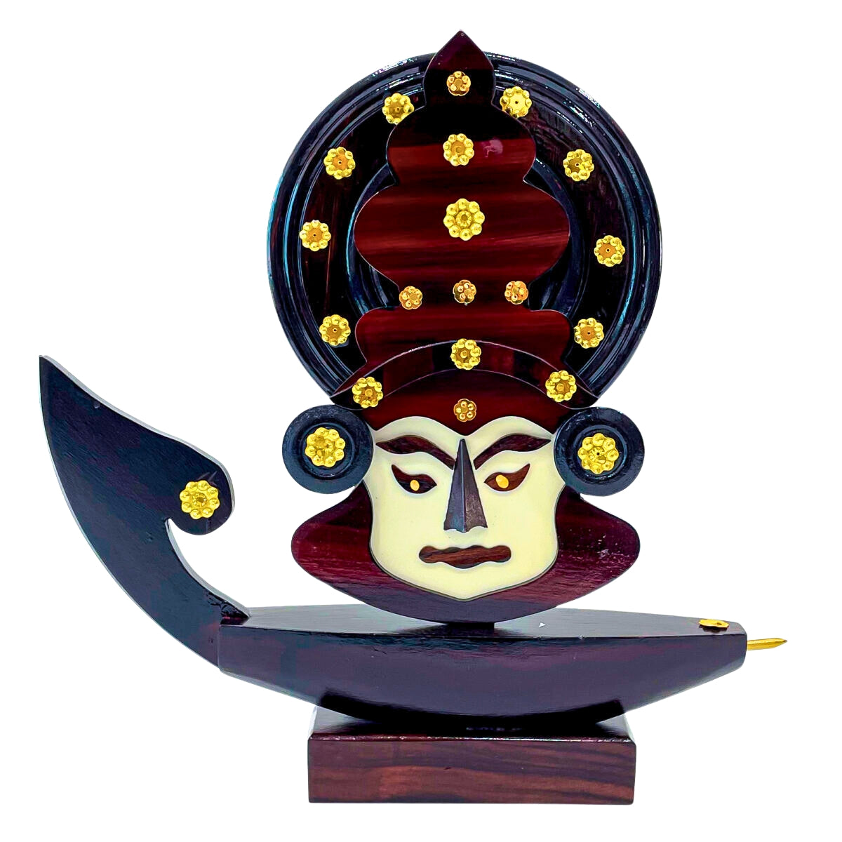 Wooden Kerala Traditional Chundan Boat Curio Miniature with Kathakali Face - 12 Inches