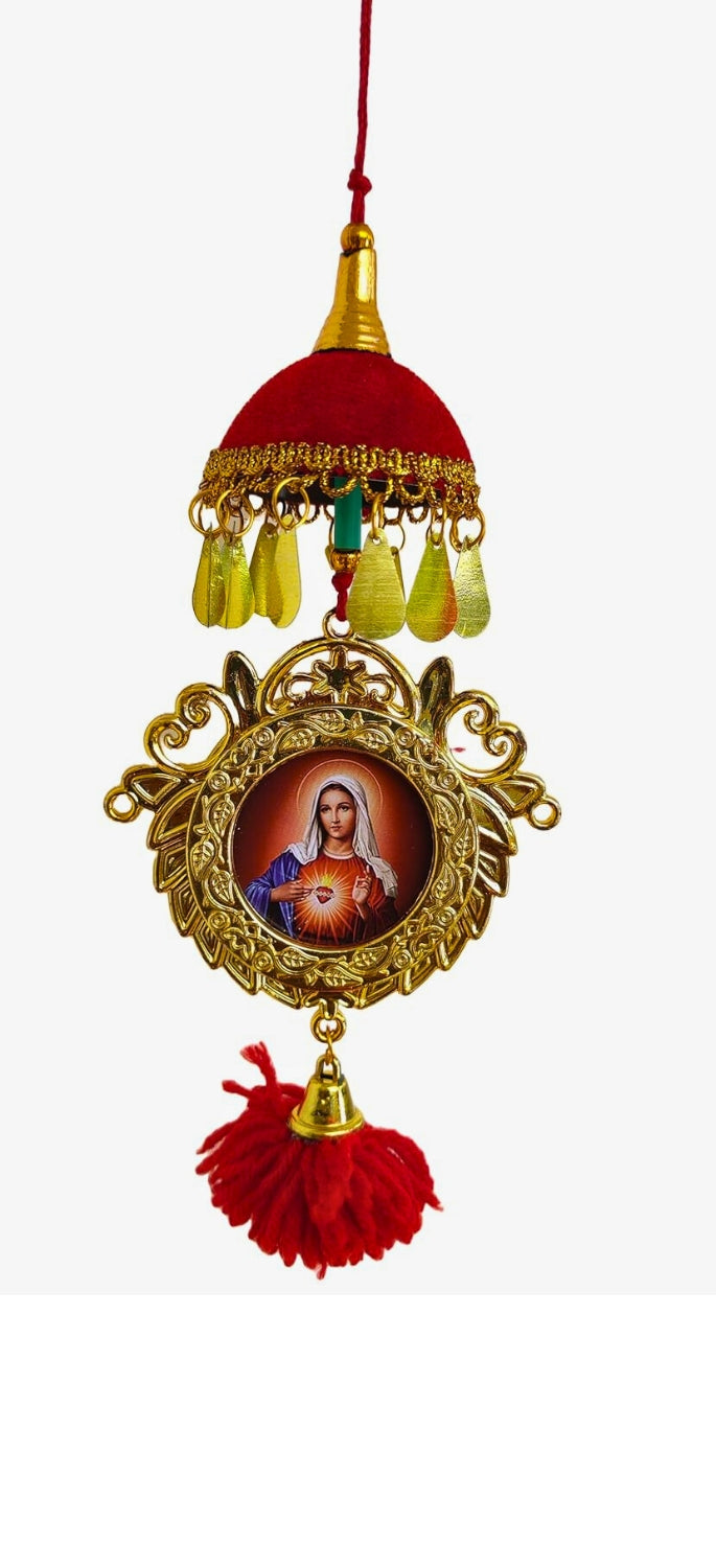 Double-Sided Car Hanging Frame – Jesus & Mary with Mini Umbrella Decoration (7")