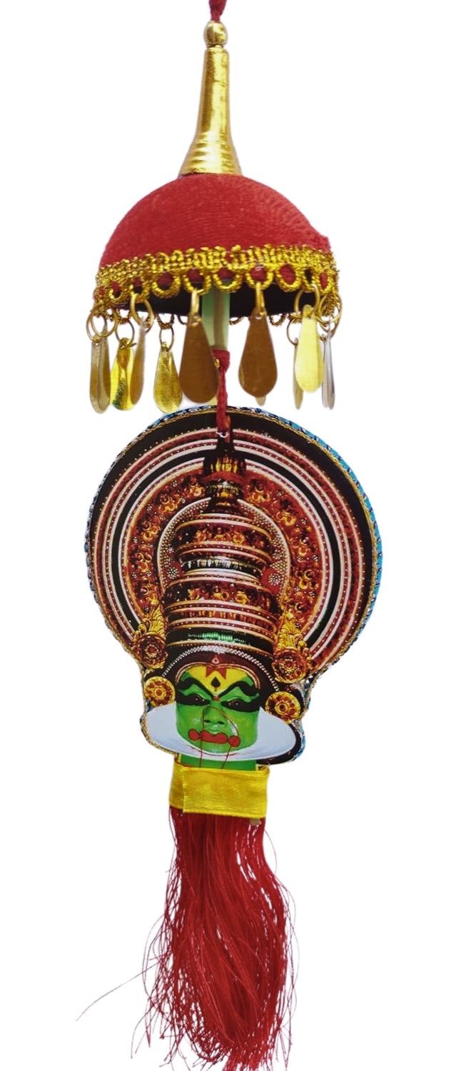 Car Hanging Ornament – Kathakali Faces on Both Sides with Miniature Umbrella and Artwork