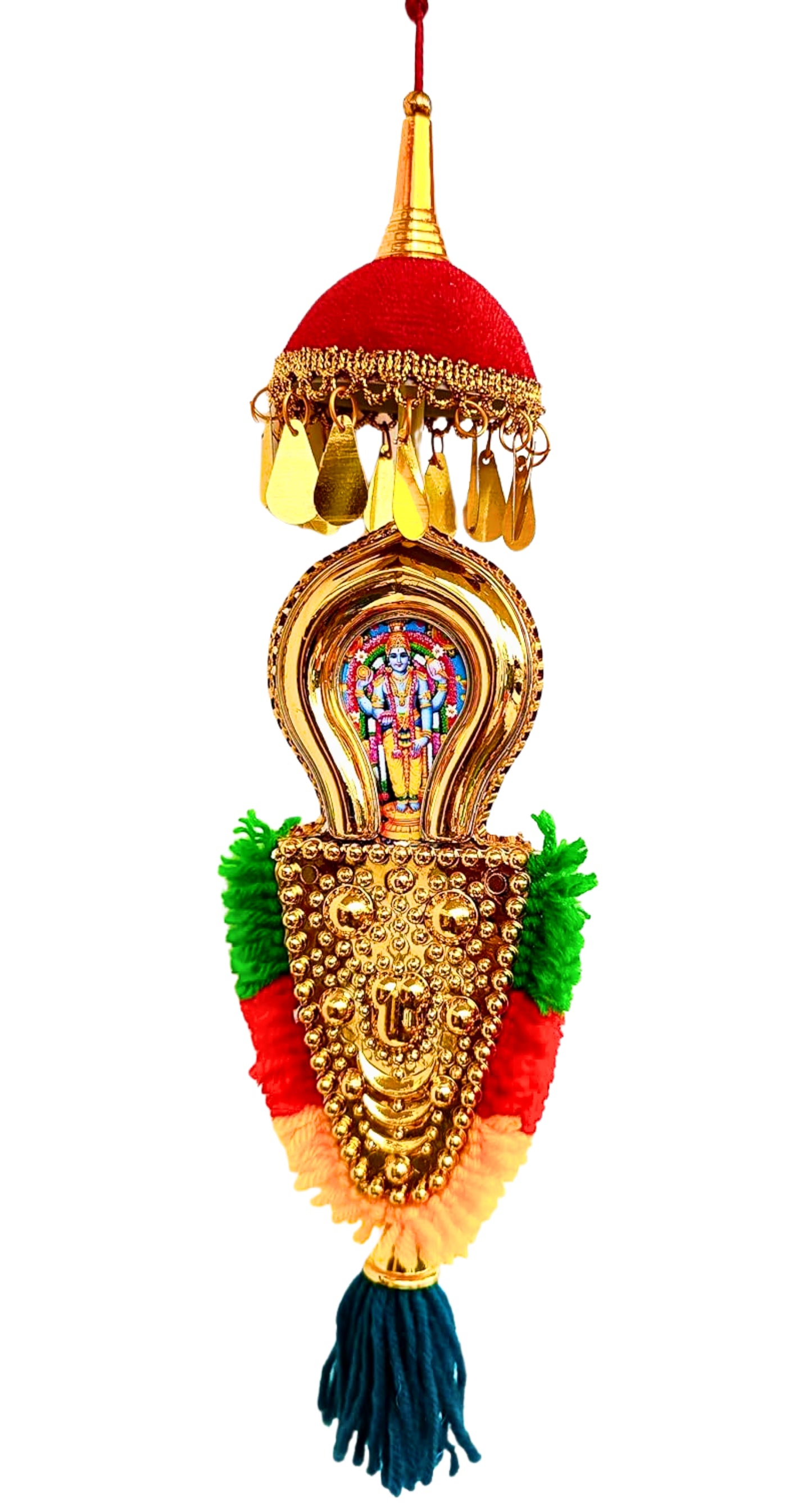 Car Hanging Nettipattam – Double-Sided Lord Ganesh & Vishnu Design | 7-Inch Oval Frame | Handcrafted Rearview Mirror Décor