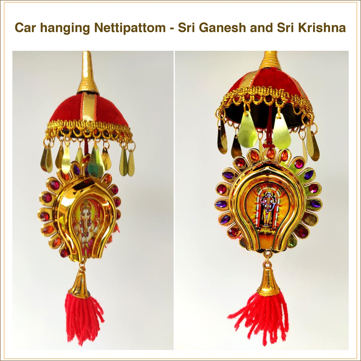 Round-Shaped Car Hanging Décor: Double-Sided Lord Ganesh and Vishnu Design (7 Inches)