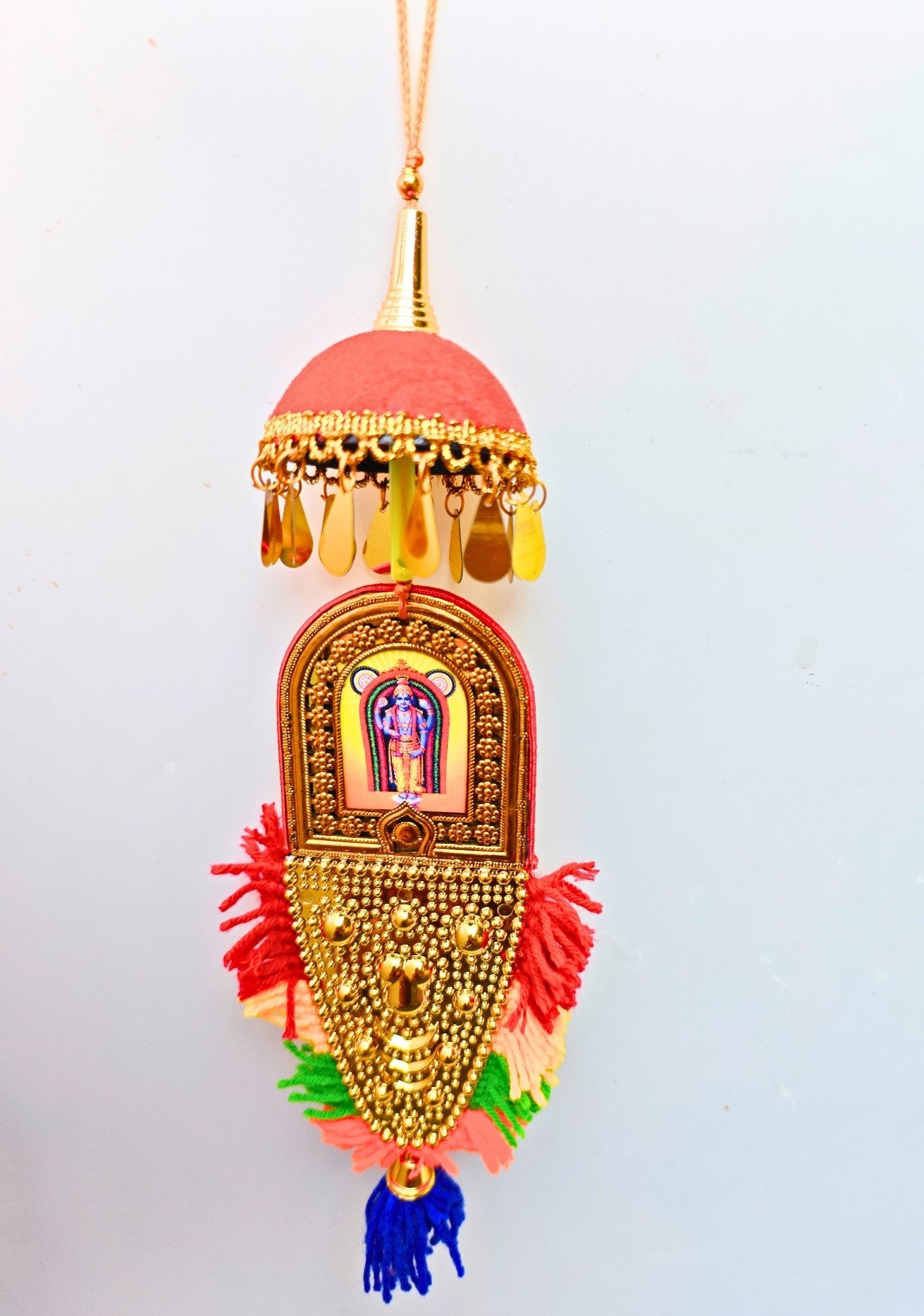 Double-Sided Car Hanging Nettipattam – Sree Ganesha & Sree Guruvayoorappan with Umbrella Decoration (7")