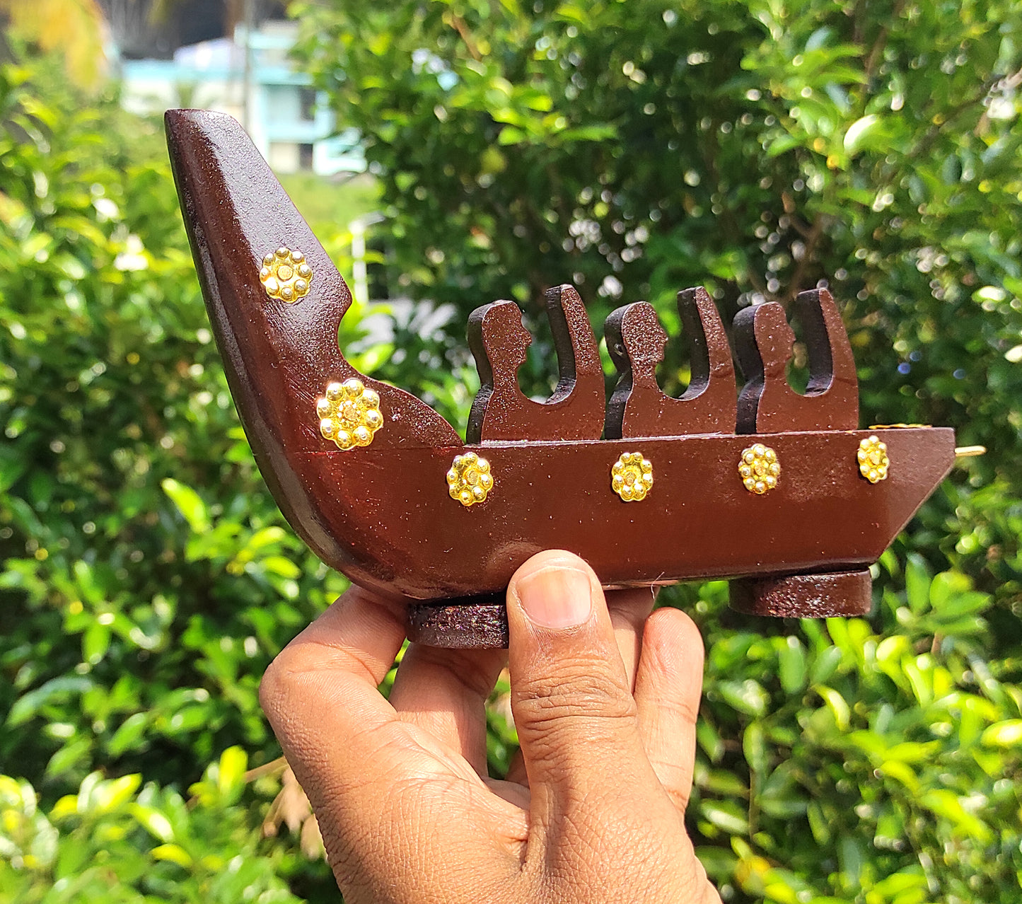 Traditional Chundan Vallom (Snake Boat with Three Oarsmen, Made from Mahogany) Miniature from Kerala for Home Décor