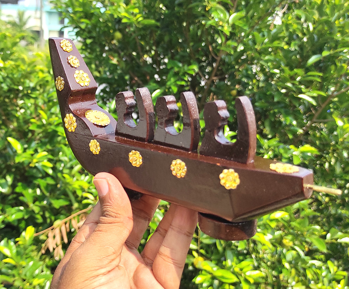 Traditional Chundan Vallom (Snake Boat with Three Oarsmen, Made from Mahogany) Miniature from Kerala for Home Décor