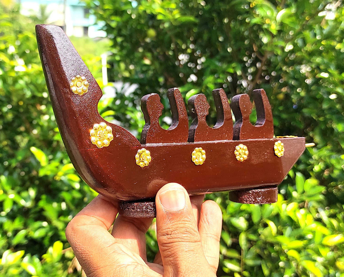 Traditional Chundan Vallom (Snake Boat with Three Oarsmen, Made from Mahogany) Miniature from Kerala for Home Décor