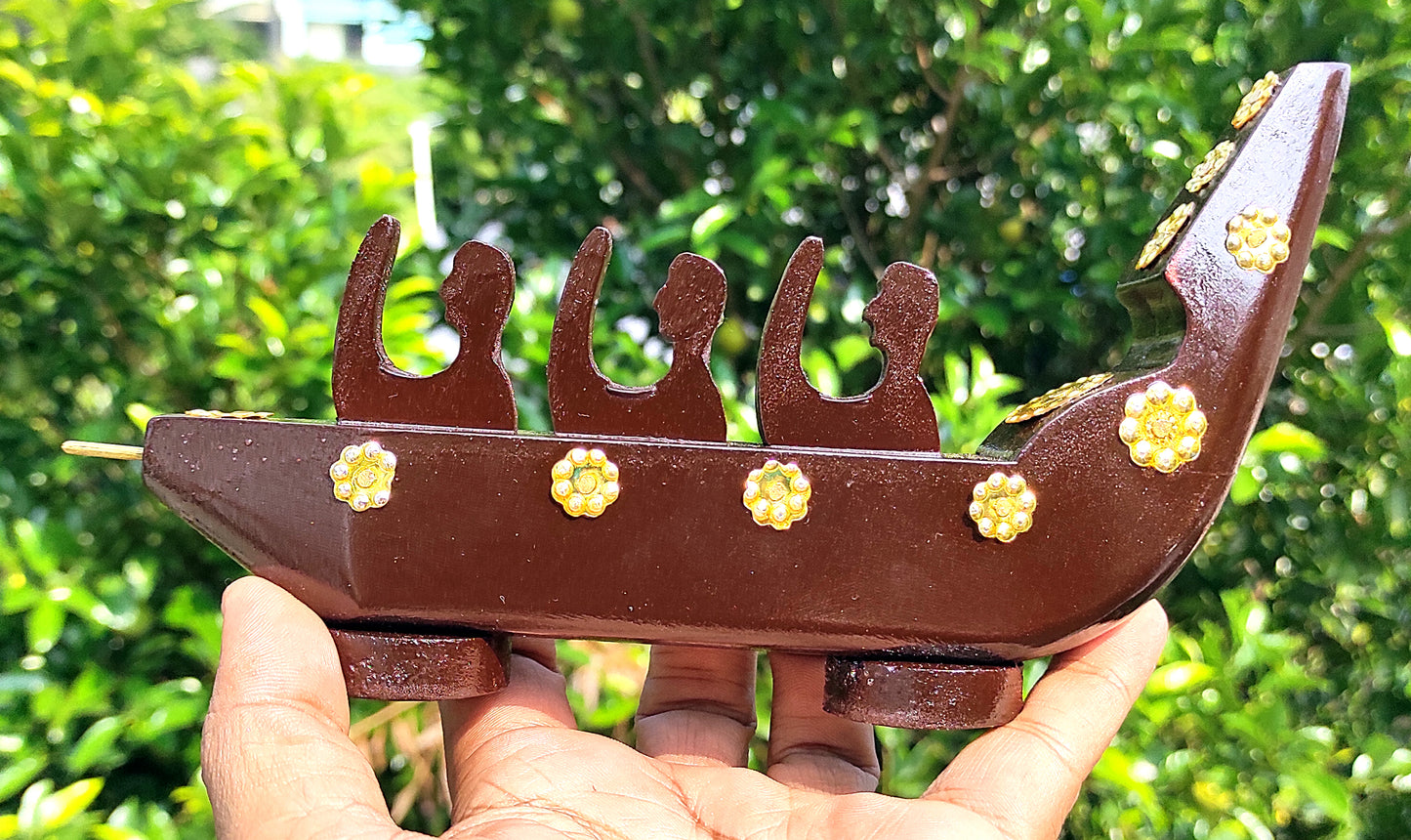 Traditional Chundan Vallom (Snake Boat with Three Oarsmen, Made from Mahogany) Miniature from Kerala for Home Décor