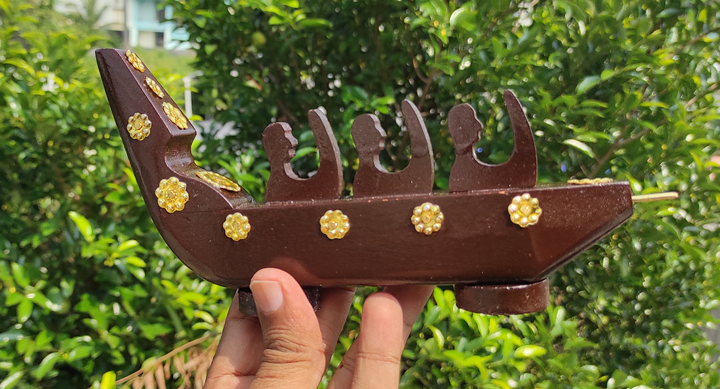 Traditional Chundan Vallom (Snake Boat with Three Oarsmen, Made from Mahogany) Miniature from Kerala for Home Décor