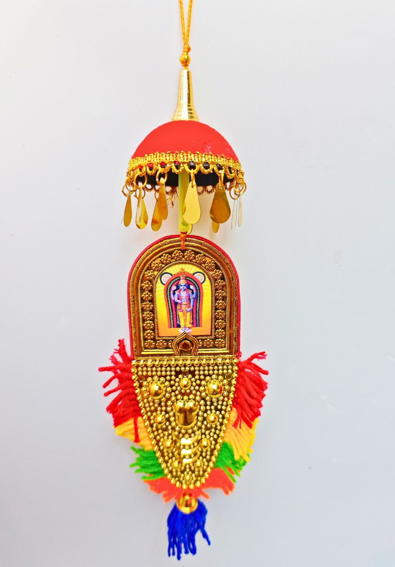Double-Sided Car Hanging Nettipattam – Sree Ganesha & Sree Guruvayoorappan with Umbrella Decoration (7")