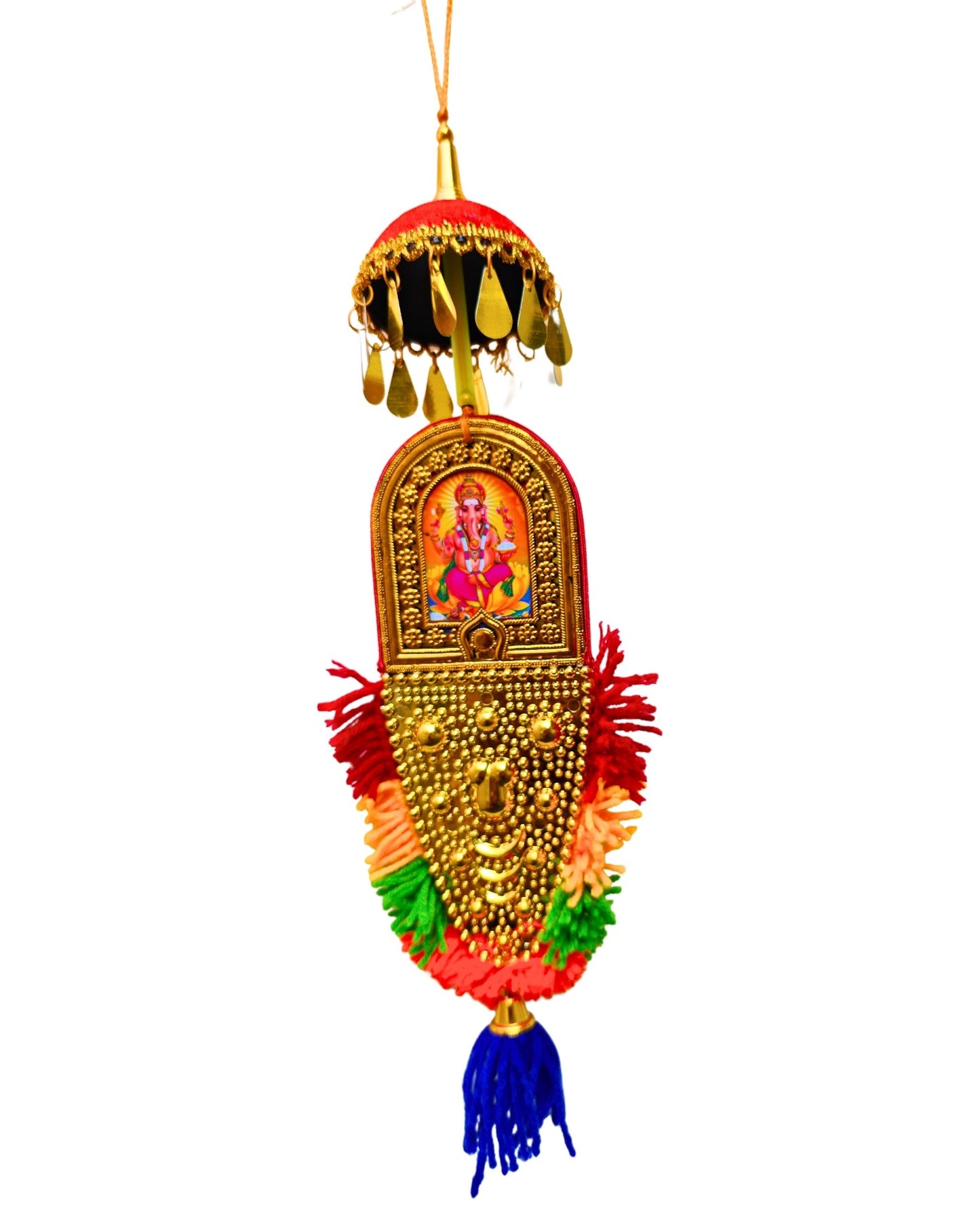 Double-Sided Car Hanging Nettipattam – Sree Ganesha & Chottanikkara Devi with Umbrella Decoration (7 Inches)