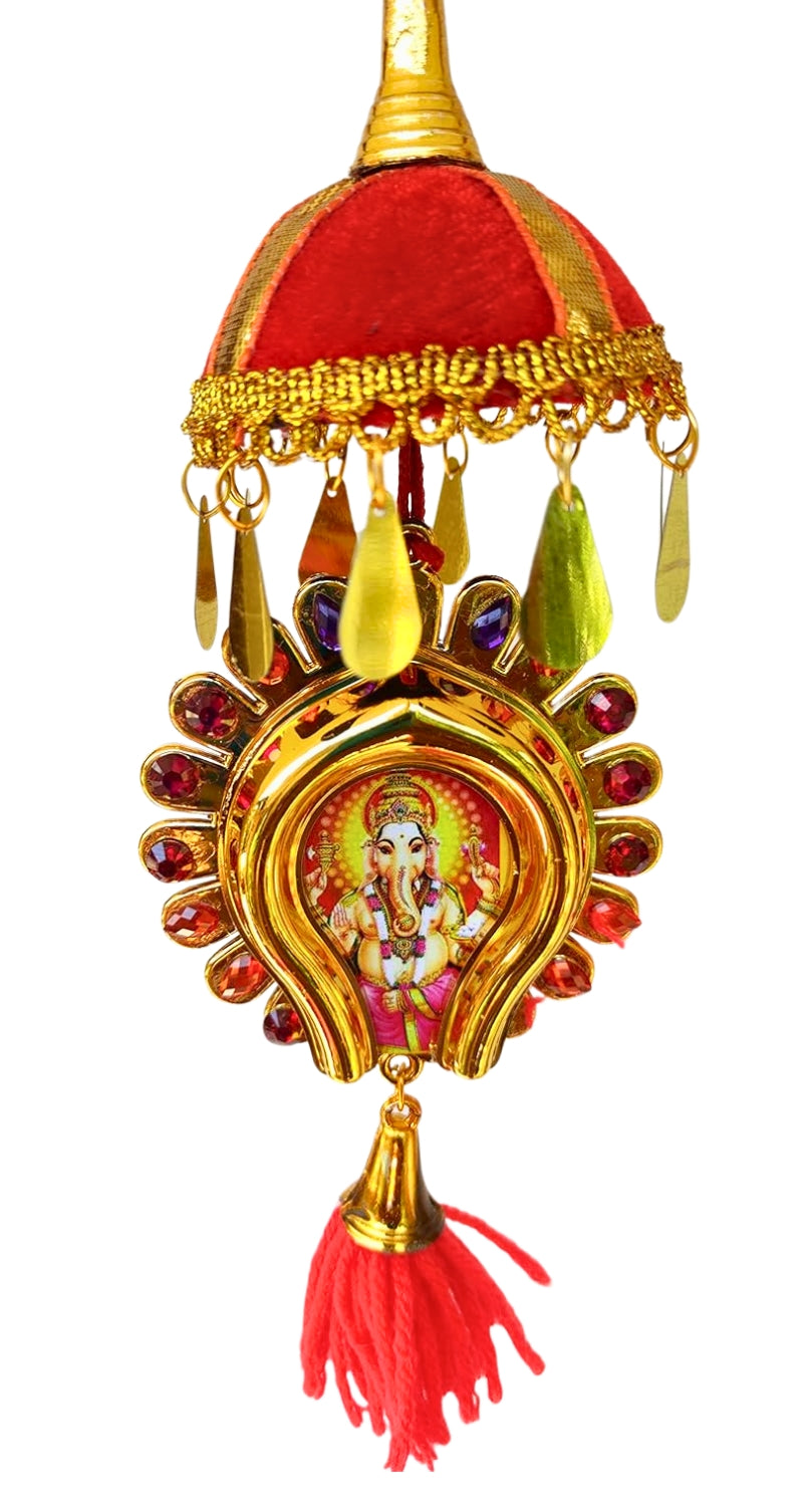 Round-Shaped Car Hanging Décor: Double-Sided Lord Ganesh and Vishnu Design (7 Inches)