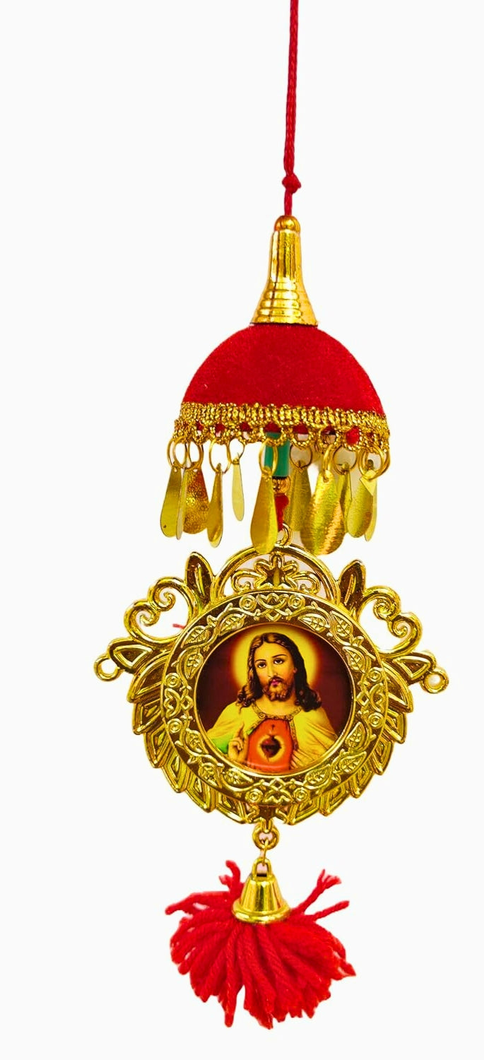 Double-Sided Car Hanging Frame – Jesus & Mary with Mini Umbrella Decoration (7")
