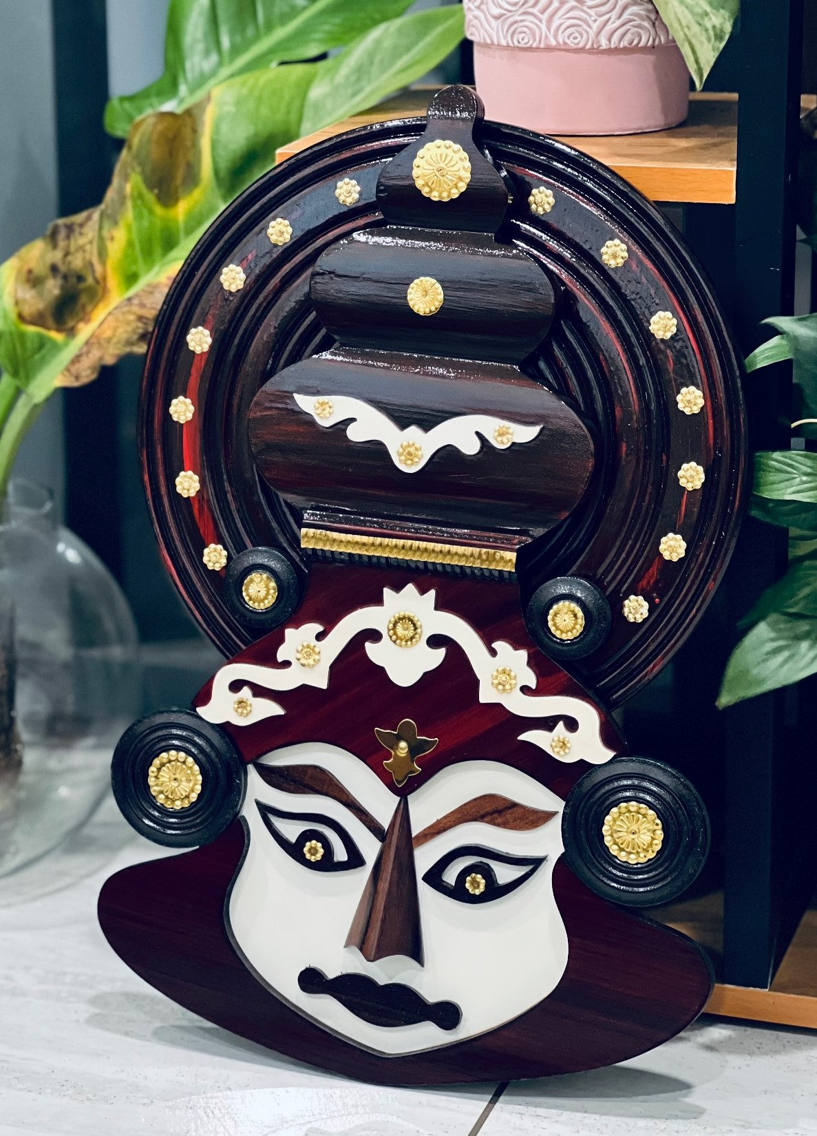 Ethnic Kathakali Wall Hanging – 30 Inch Rosewood Mask with Brass Details