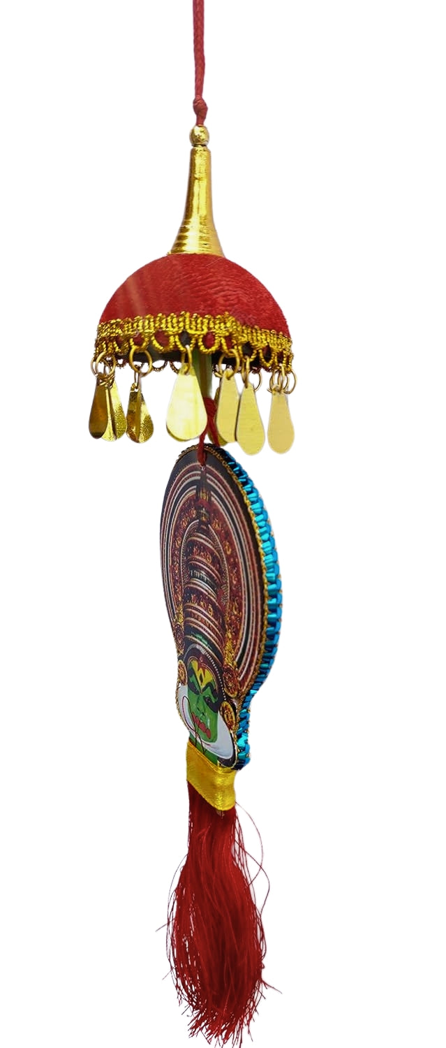 Car Hanging Ornament – Kathakali Faces on Both Sides with Miniature Umbrella and Artwork