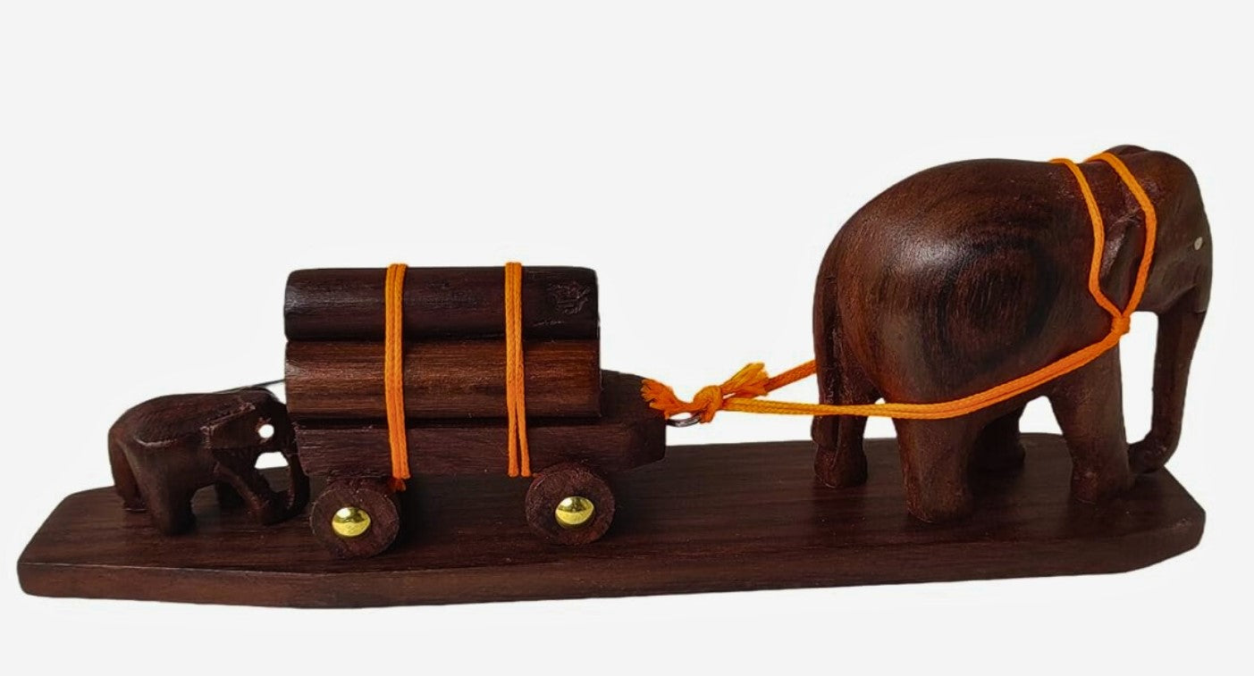 Elephant cart Figurine: A Mother and Calf Pulling a Wooden Cart -Size: 8 Inches