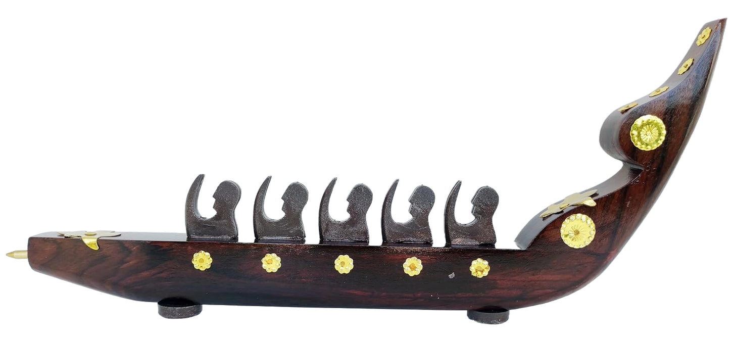 Rosewood Chundan Vallom Miniature with Five Rowers (Traditional Kerala Snake Boat)