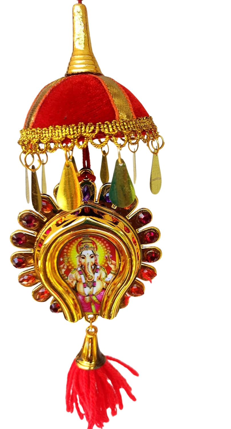 Round-Shaped Car Hanging Décor: Double-Sided Lord Ganesh and Vishnu Design (7 Inches)